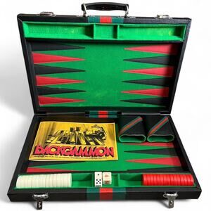 Vintage Black Red Green Backgammon Leather Game Dice Set Suitcase